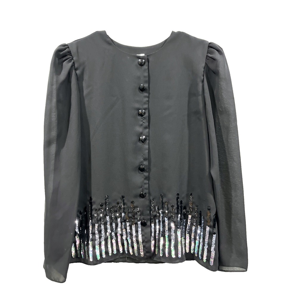 Patra Blouse Women 9/10 Black Sequin Fringe Vintage‎ Puff Shoulder Button Front